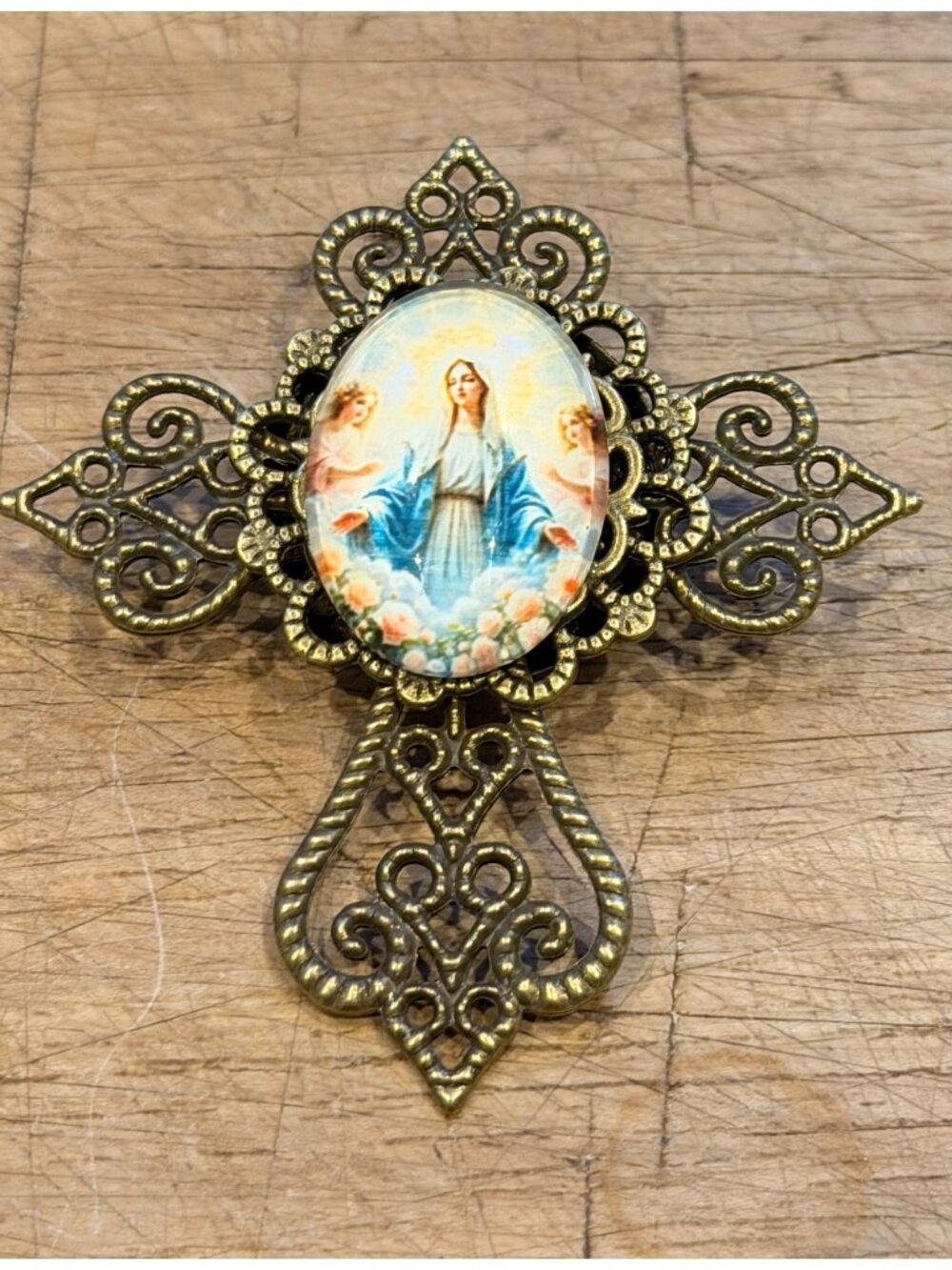 Vintage Religious Cross Brooch With Virgin Mary & Angels Filigree Brass Design O